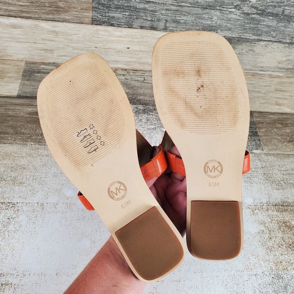 Michael Kors Lena Womens T-Strap Sandal Sz 6.5 M Orange Leather Slip On Open Toe